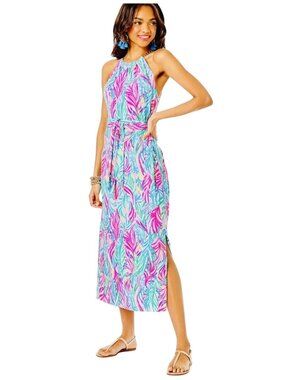 Lilly Pulitzer Bingham stretch Halter Midi Dress Chain & Belt Multi Soiree Print